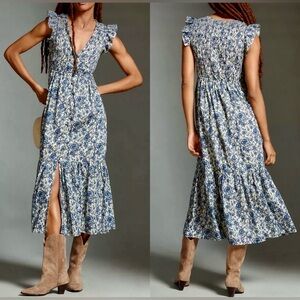 Anthropologie The Peregrine Midi Dress - blue floral - petite large
